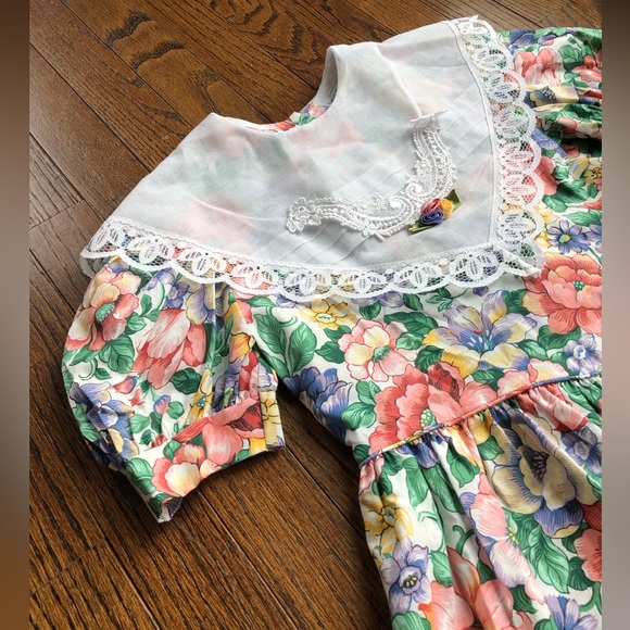 Youngland Vintage Girls 8 A-Line Floral Short-Sleeve Midi Dress w/Bow & Collar - Picture 2 of 12